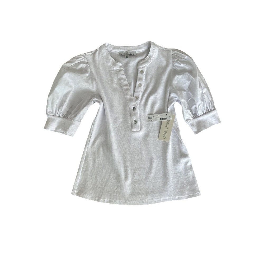 NWT Women Cotton Mixed Media Puff Sleeve Top White XS $68